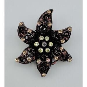 Vintage Bronze Tone Puffy Flower Rhinestone Brooch Estate Jewelry